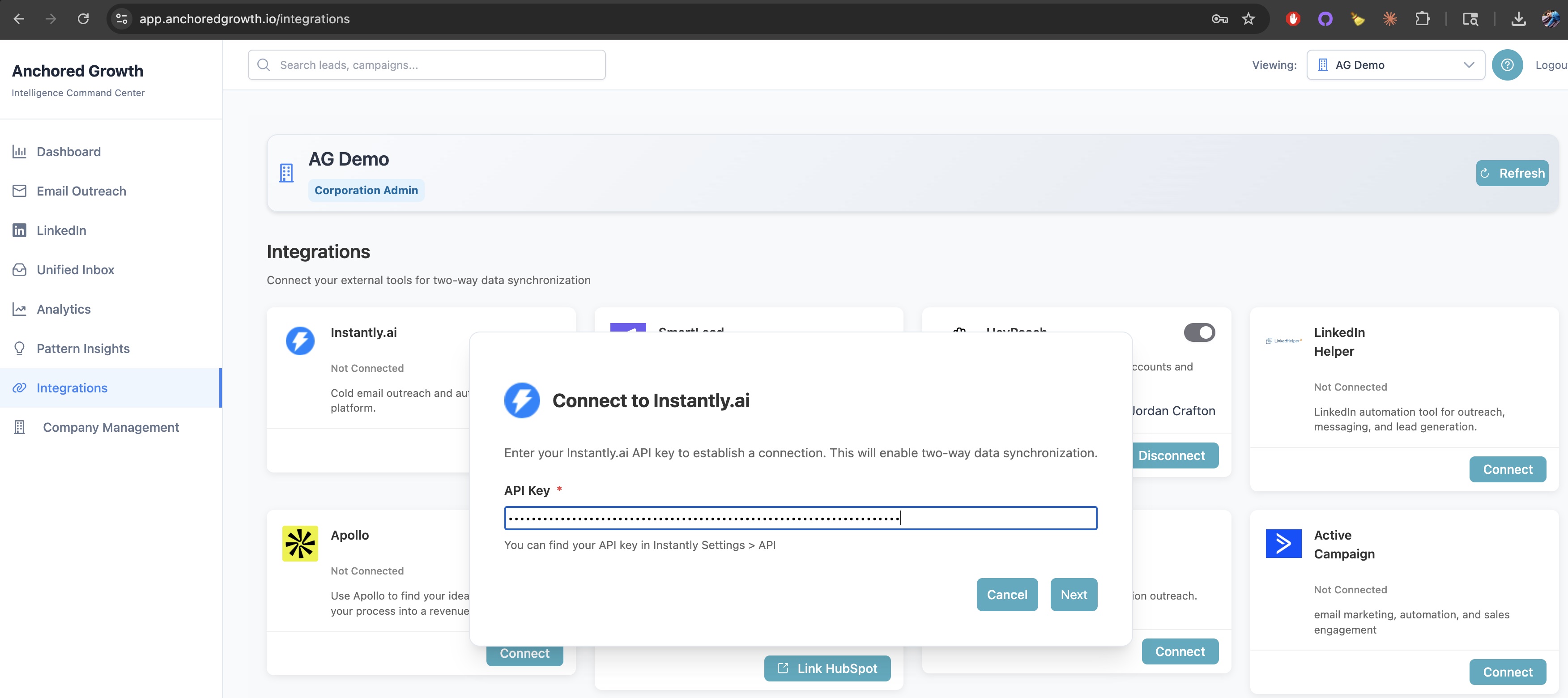 Generate API credentials in Instantly screenshot
