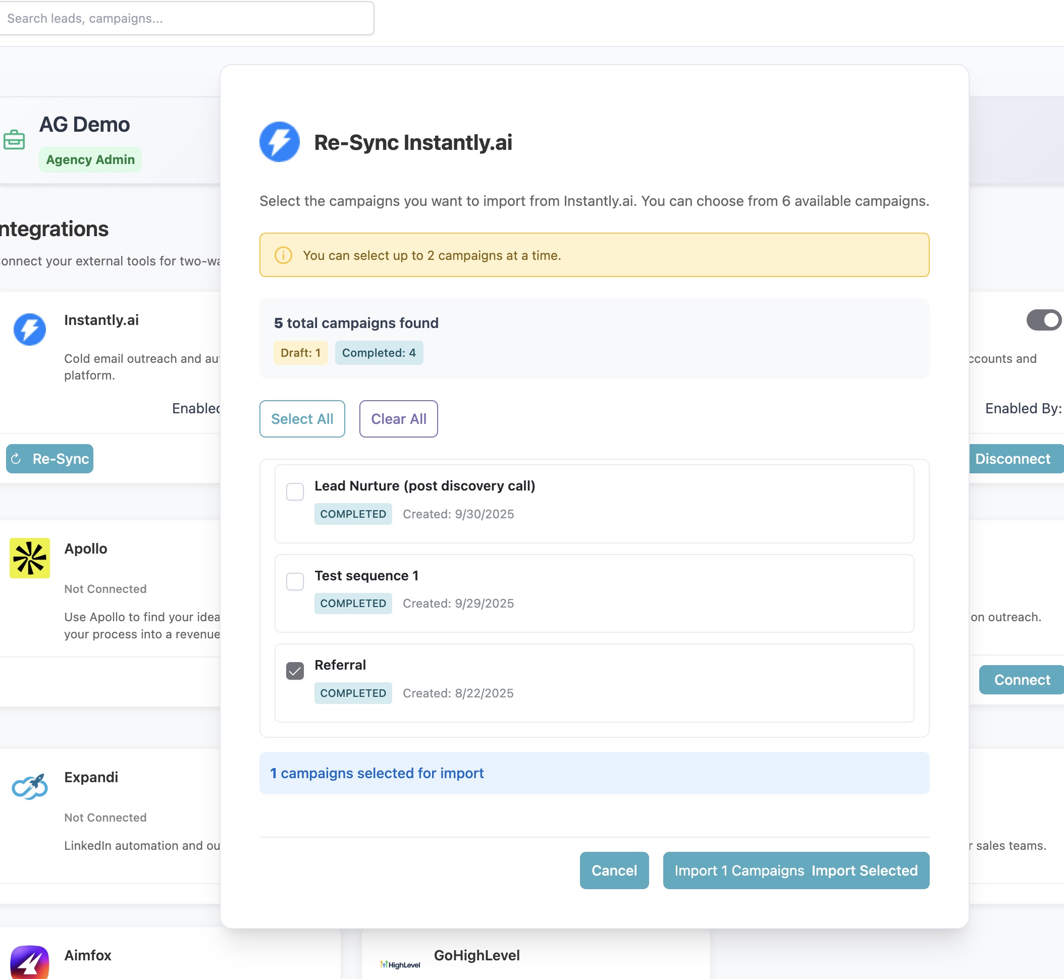 Select campaigns to sync screenshot