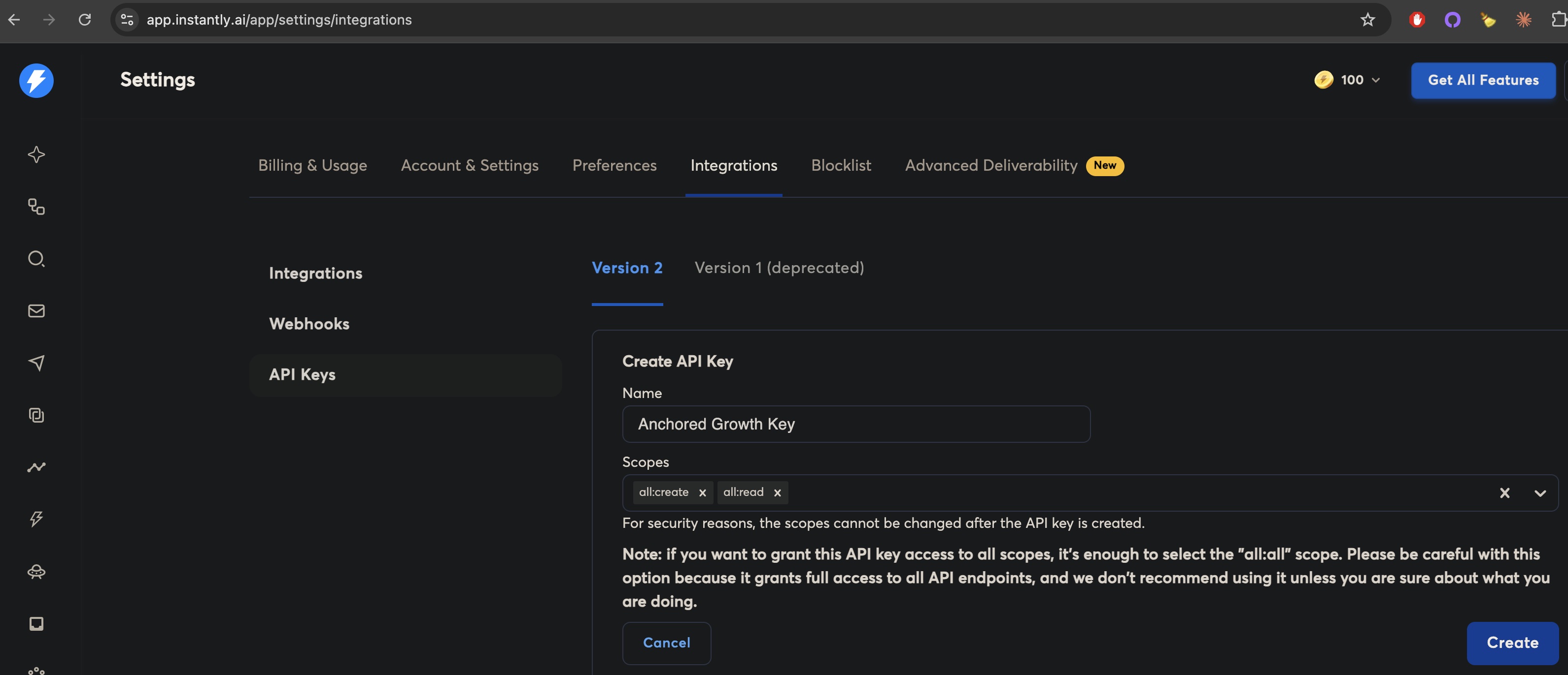 Enter your Instantly API credentials screenshot